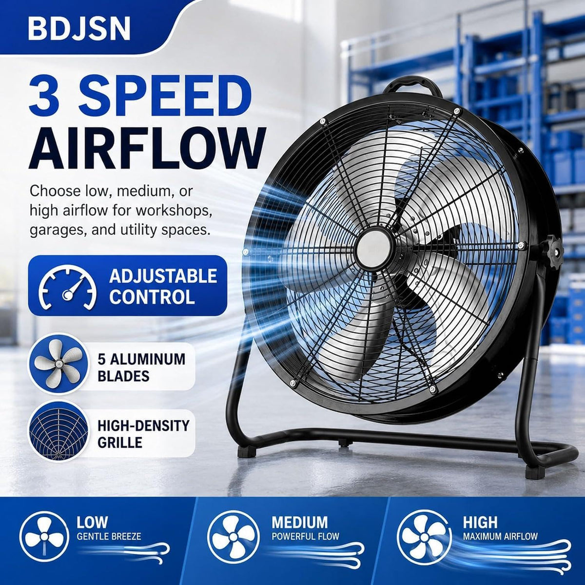 Industrial Drum Fan, High Velocity Air Circulator with 5 Aluminium Blades, 3-Speed Adjustable Tilt Metal Floor Fan A4778