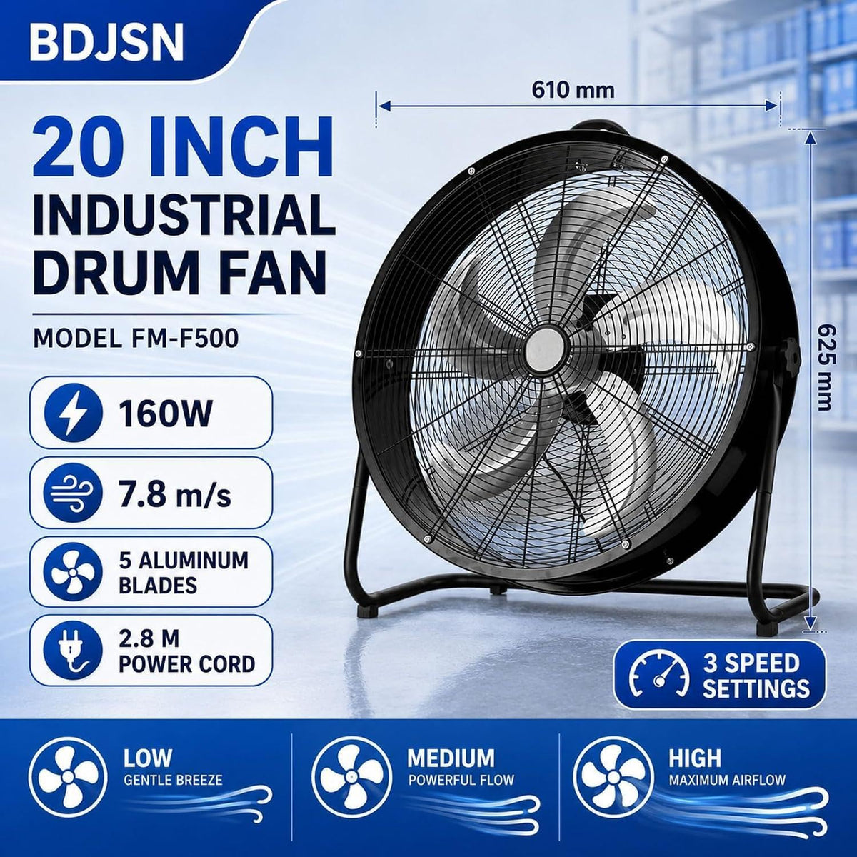 Industrial Drum Fan, High Velocity Air Circulator with 5 Aluminium Blades, 3-Speed Adjustable Tilt Metal Floor Fan A4778