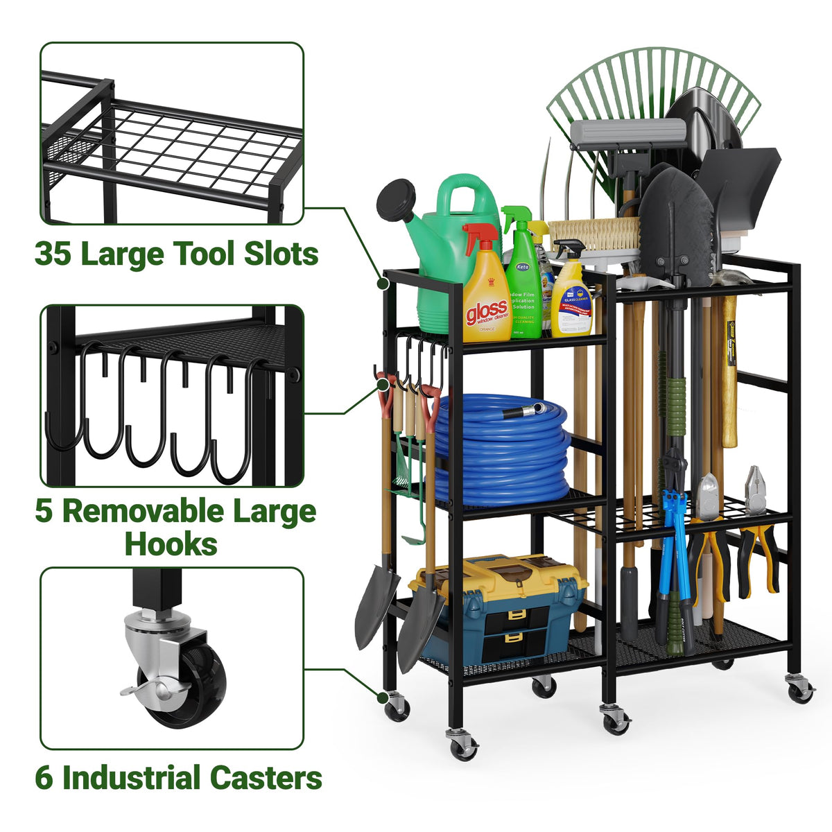 Garden Tool Organizer with 6 Wheels & Hooks B195383
