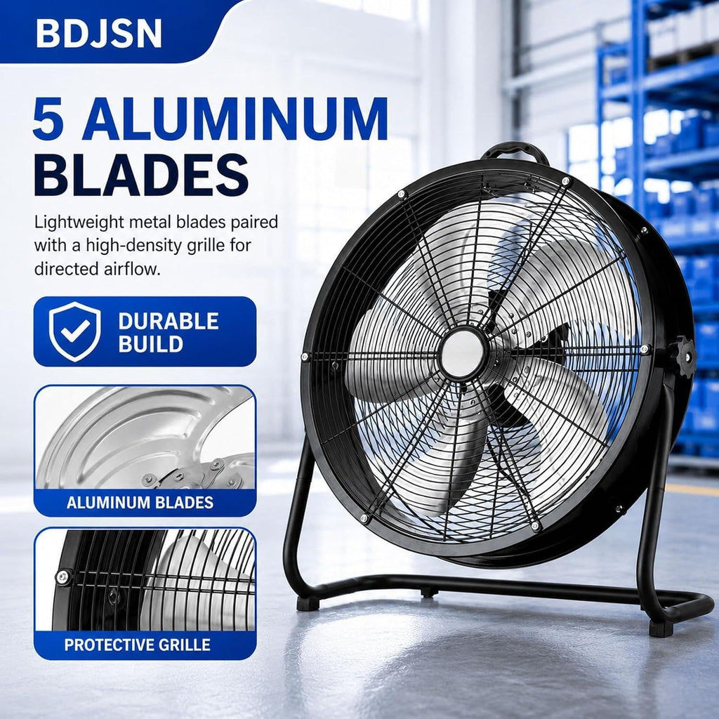 Industrial Drum Fan, High Velocity Air Circulator with 5 Aluminium Blades, 3-Speed Adjustable Tilt Metal Floor Fan A4778