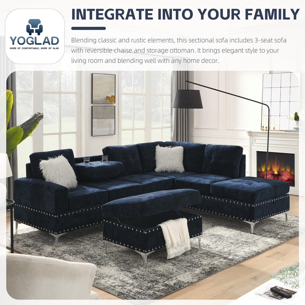 108'' Chenille Navy Blue L-Shaped Sectional Sofa with Storage Ottoman M831