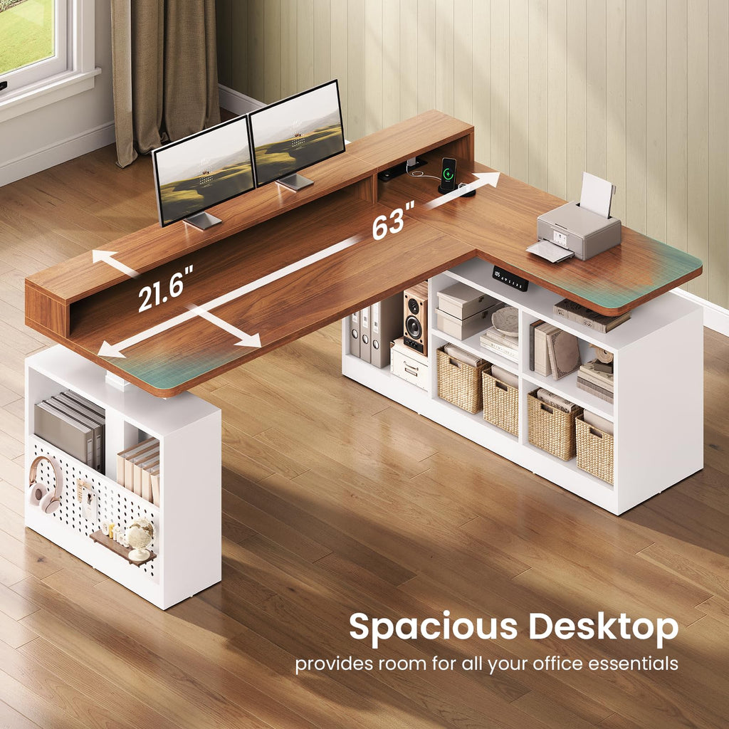 63" L Shaped Electric Standing Desk with Storage F950