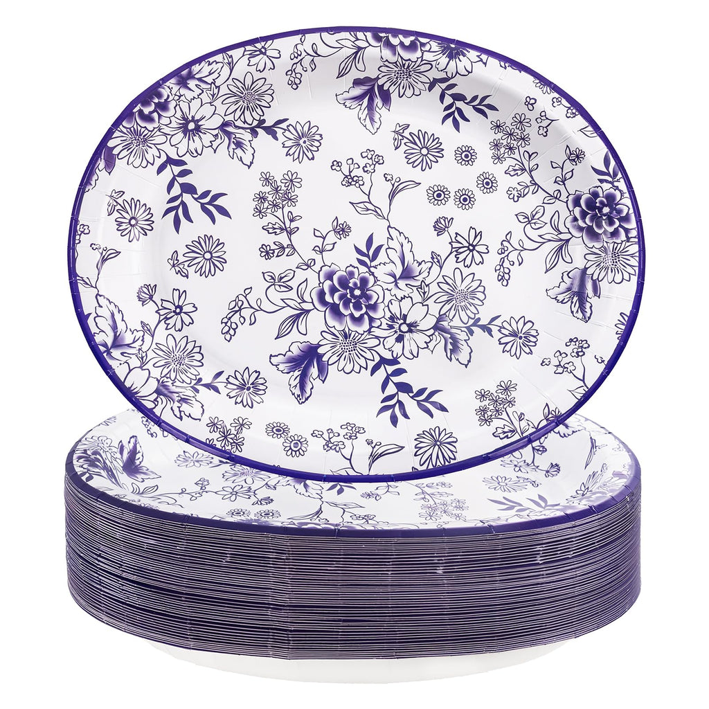 50 Pack Blue Floral Disposable Paper Plates A44844