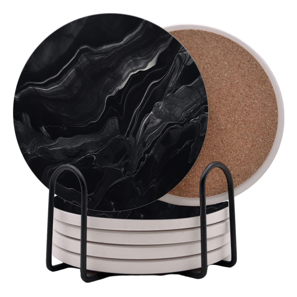 Black Marble Ceramic Coasters Set of 6 with Metal Stand Q579210