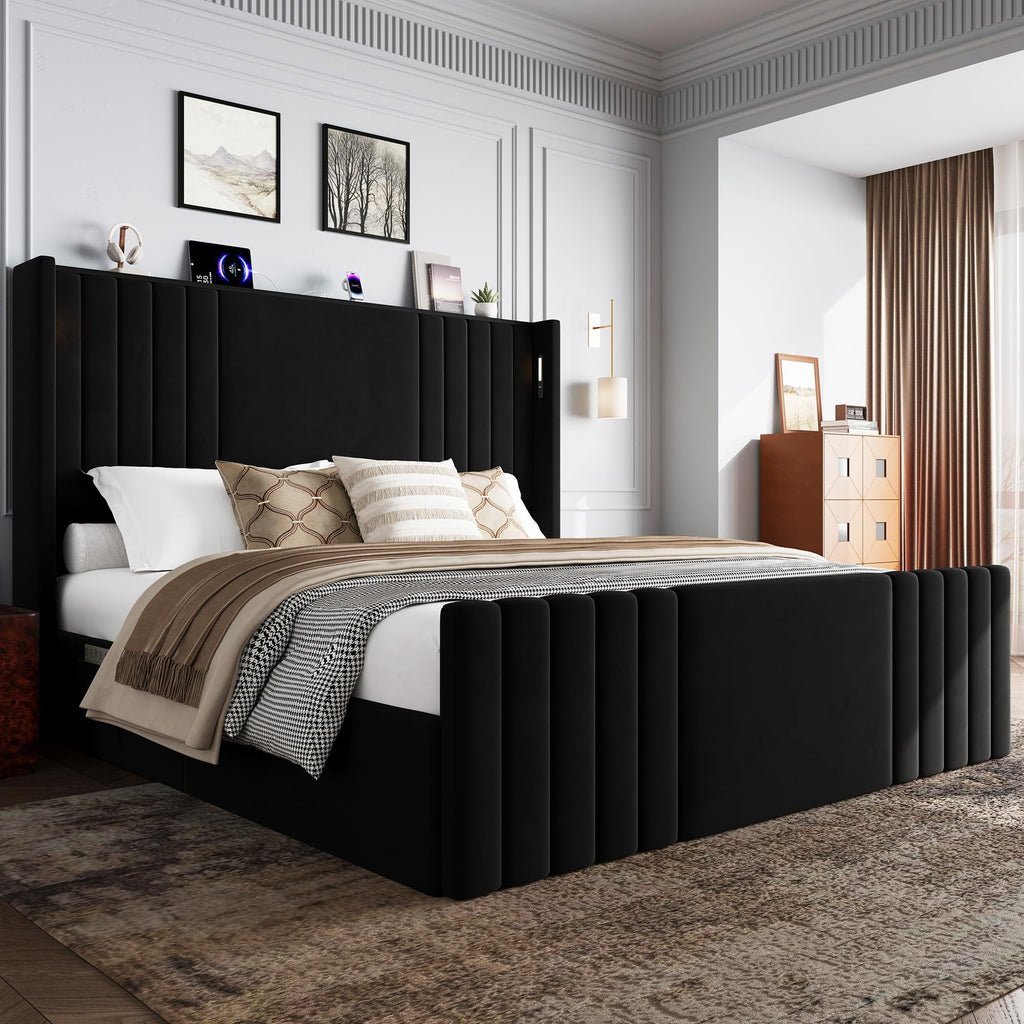 Queen Size Platform Bed Frame with Reading Lights Y387867