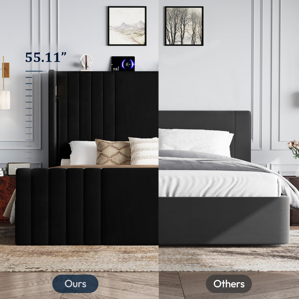 Queen Size Platform Bed Frame with Reading Lights Y387867