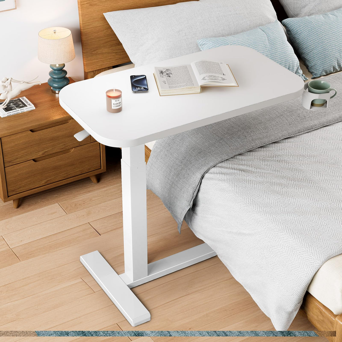 White Height-Adjustable Bedside Table with Wheels G837