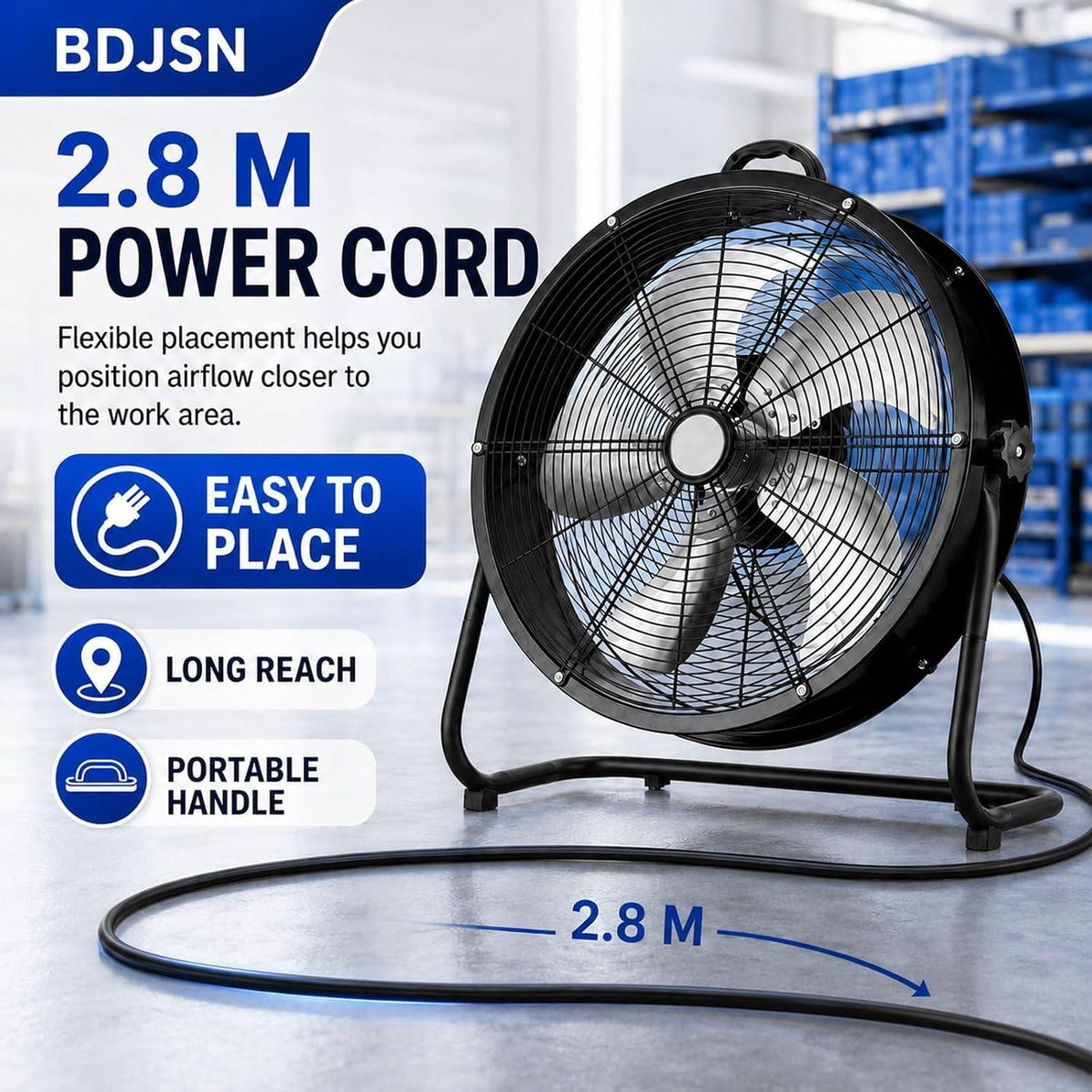 Industrial Drum Fan, High Velocity Air Circulator with 5 Aluminium Blades, 3-Speed Adjustable Tilt Metal Floor Fan A4778