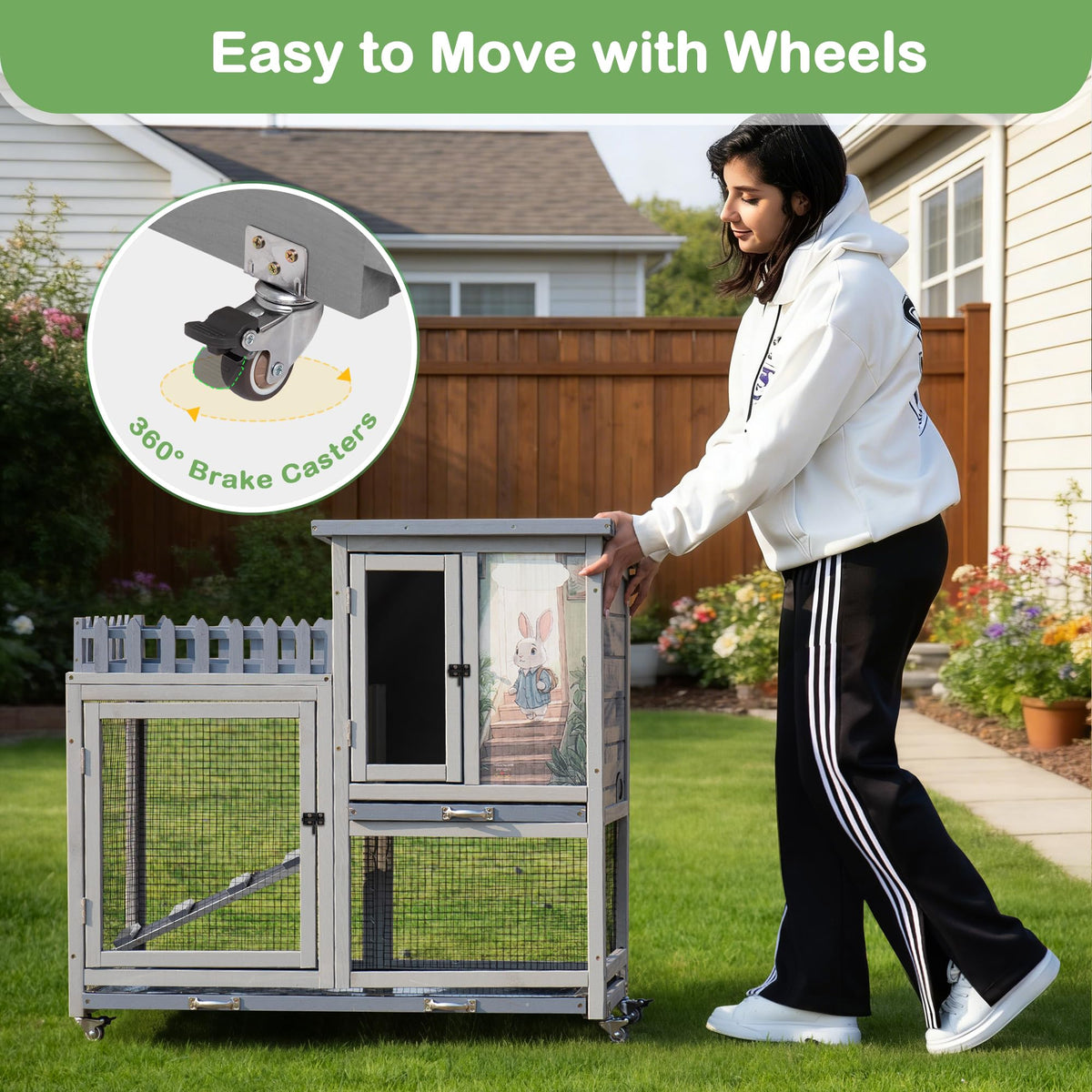 Wood Rabbit Hutch with Balcony on Wheels Q631054
