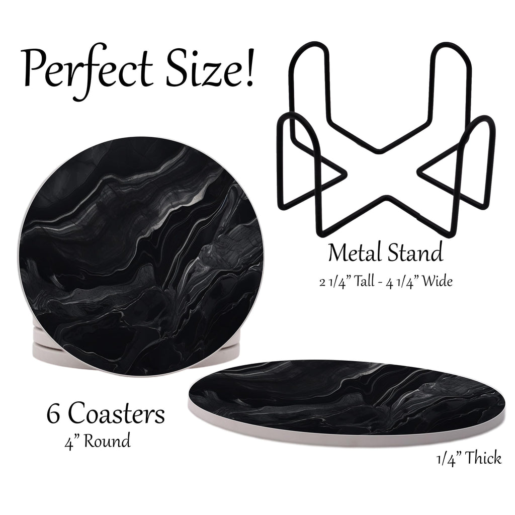 Black Marble Ceramic Coasters Set of 6 with Metal Stand Q579210