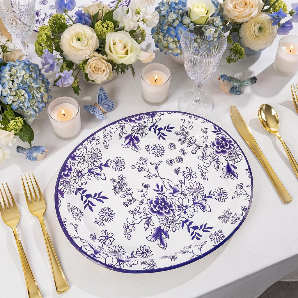 50 Pack Blue Floral Disposable Paper Plates A44844