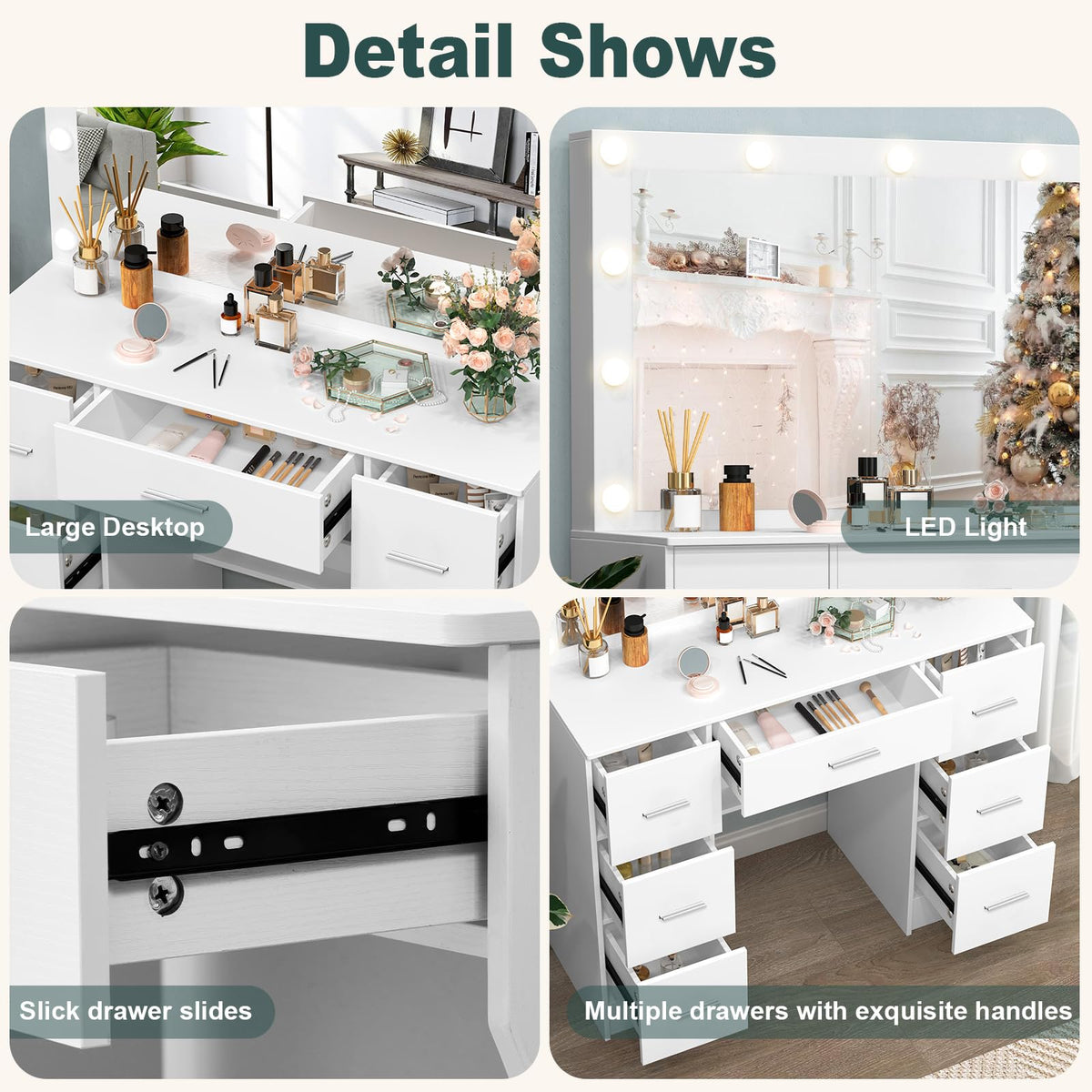 White 7 Drawer Vanity with Lights and Mirror A4784