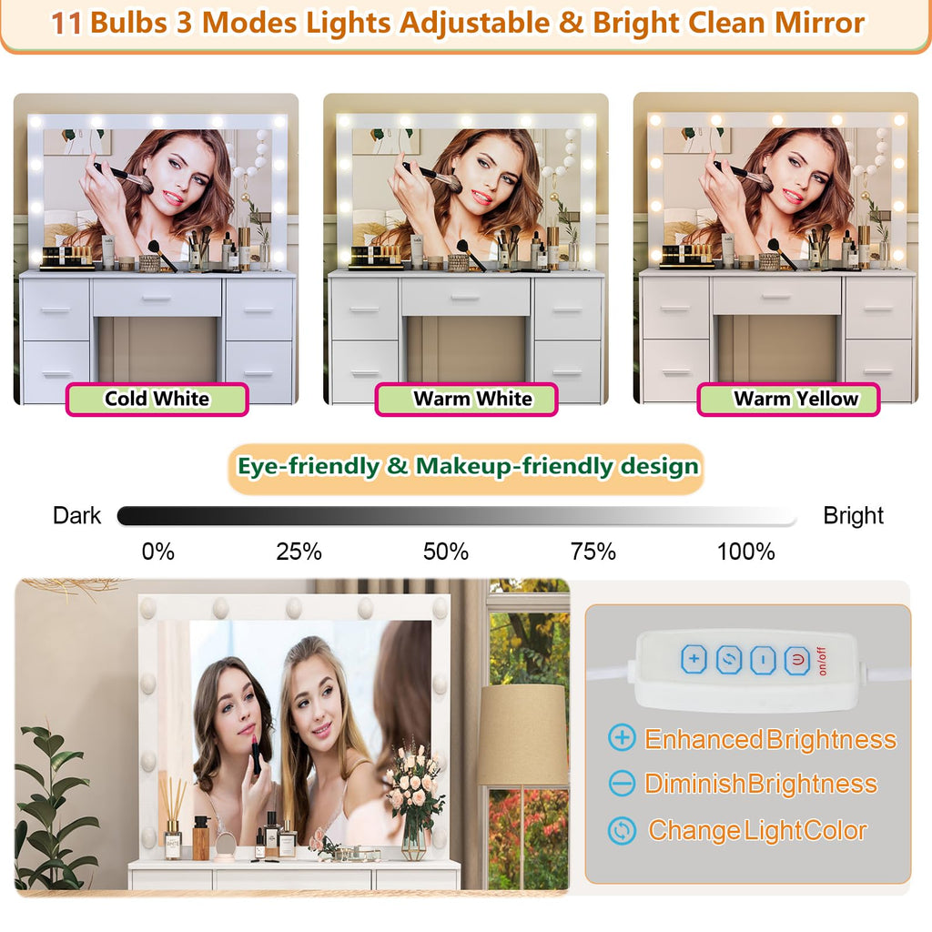 White 7 Drawer Vanity with Lights and Mirror A4784