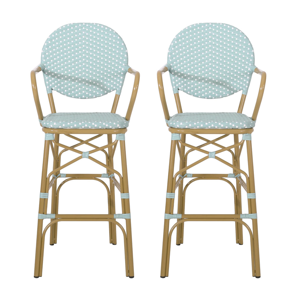 Teal Bamboo Print Wicker Aluminum Bar Stools Set of 2 E66333