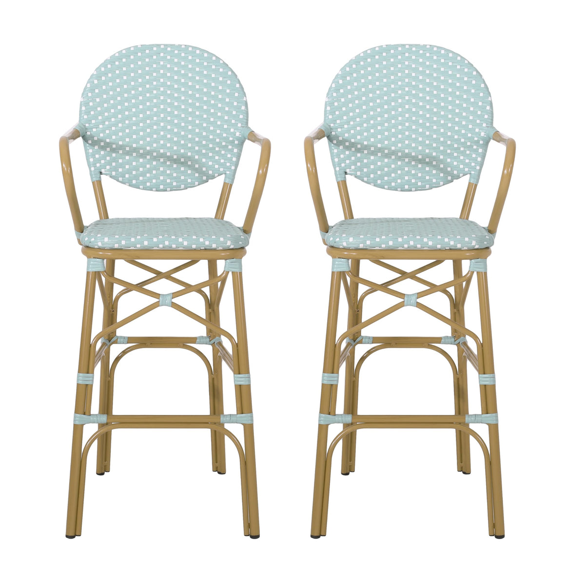 Teal Bamboo Print Wicker Aluminum Bar Stools Set of 2 E66333