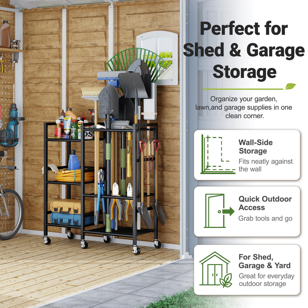 Garden Tool Organizer with 6 Wheels & Hooks B195383