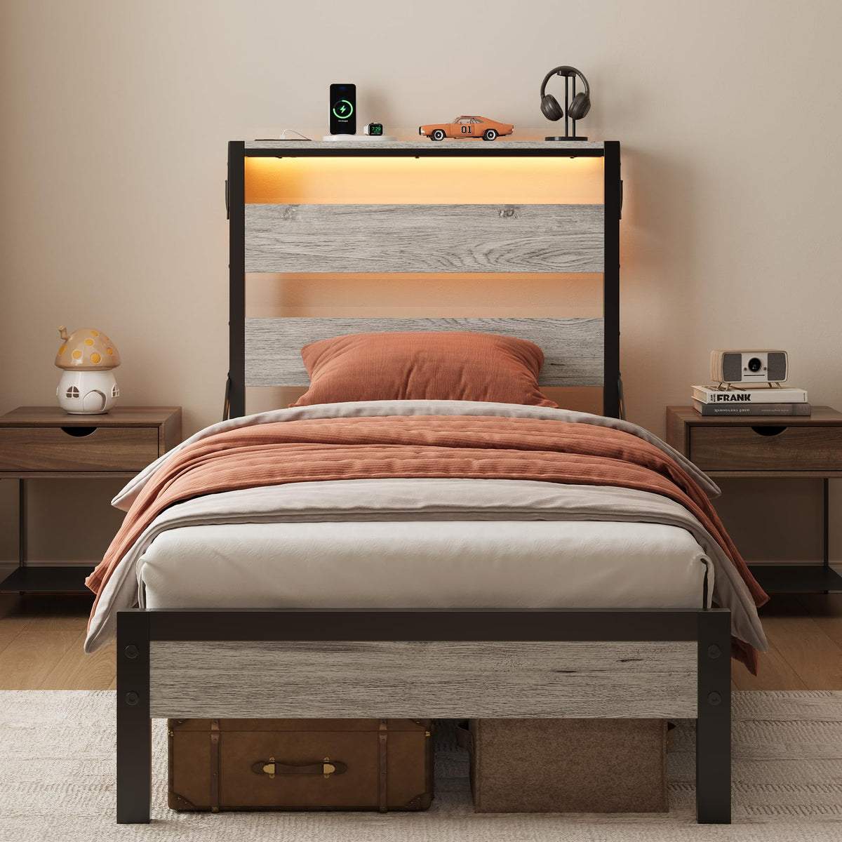 Grey Twin Platform Bed Frame with Storage Headboard M350