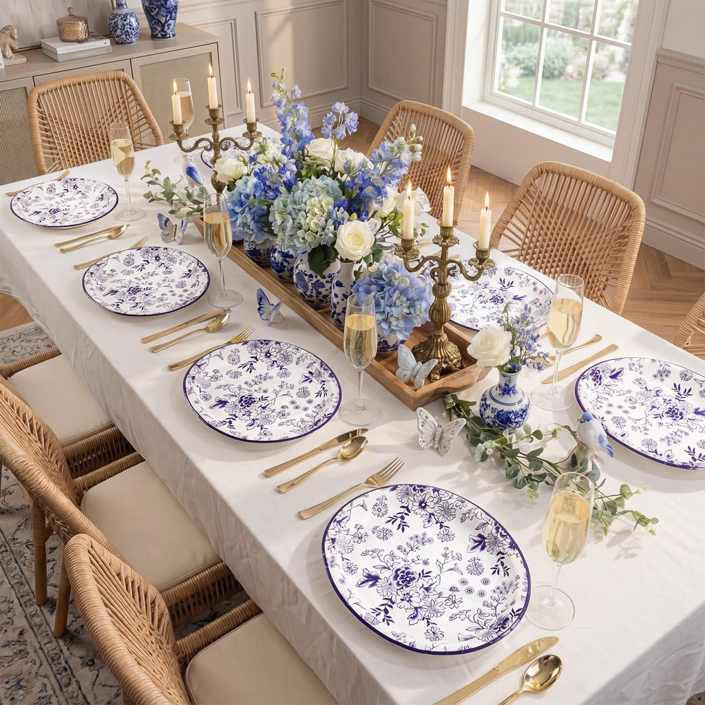 50 Pack Blue Floral Disposable Paper Plates A44844