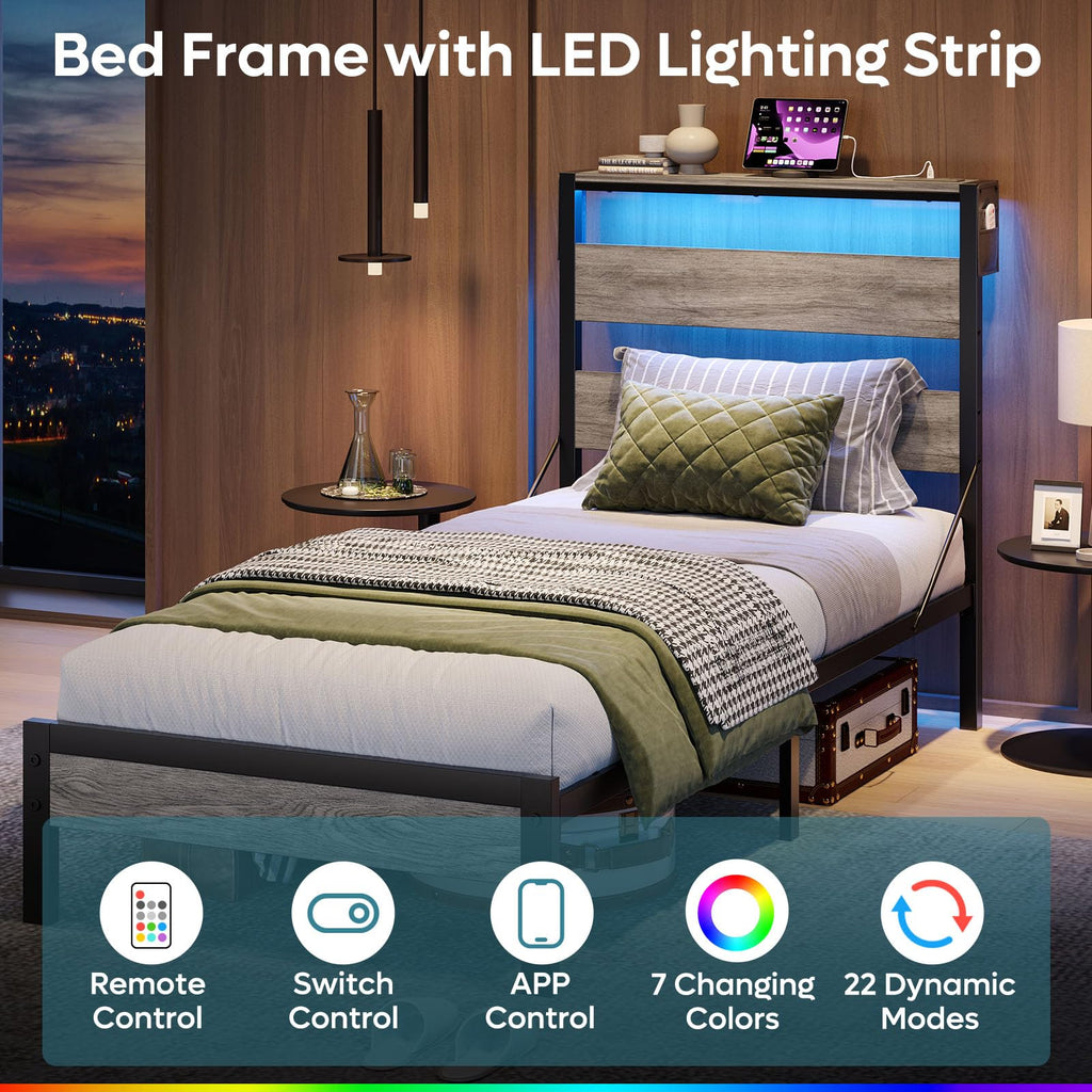 Grey Twin Platform Bed Frame with Storage Headboard M350