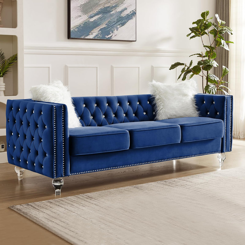 Blue Velvet Chesterfield Sofa with 2 Throw Pillows Q238