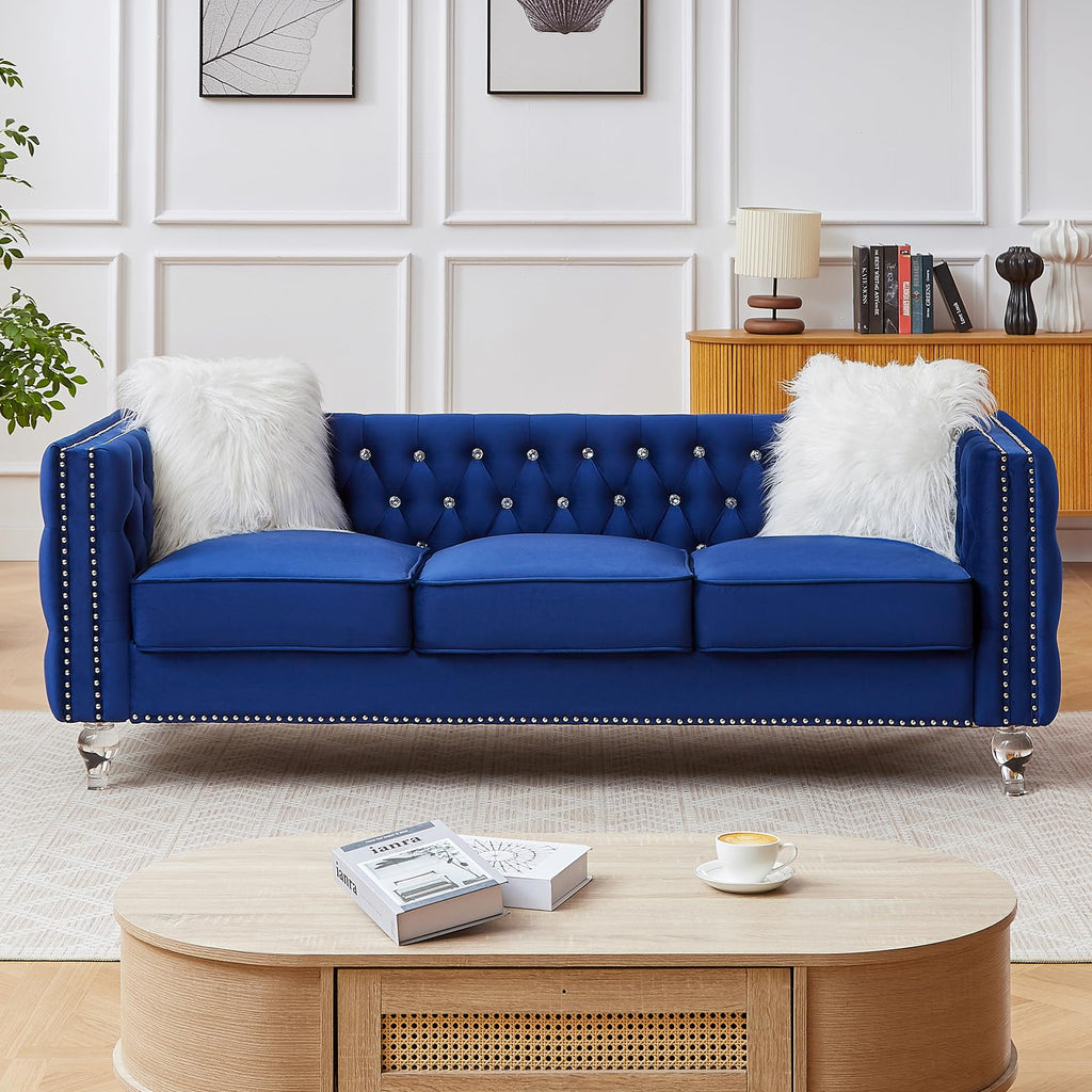 Blue Velvet Chesterfield Sofa with 2 Throw Pillows Q238