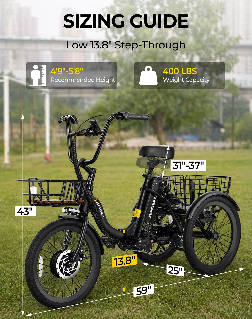 Peak 1000W 20" Folding Electric Trike with Removable Battery and Basket E474760