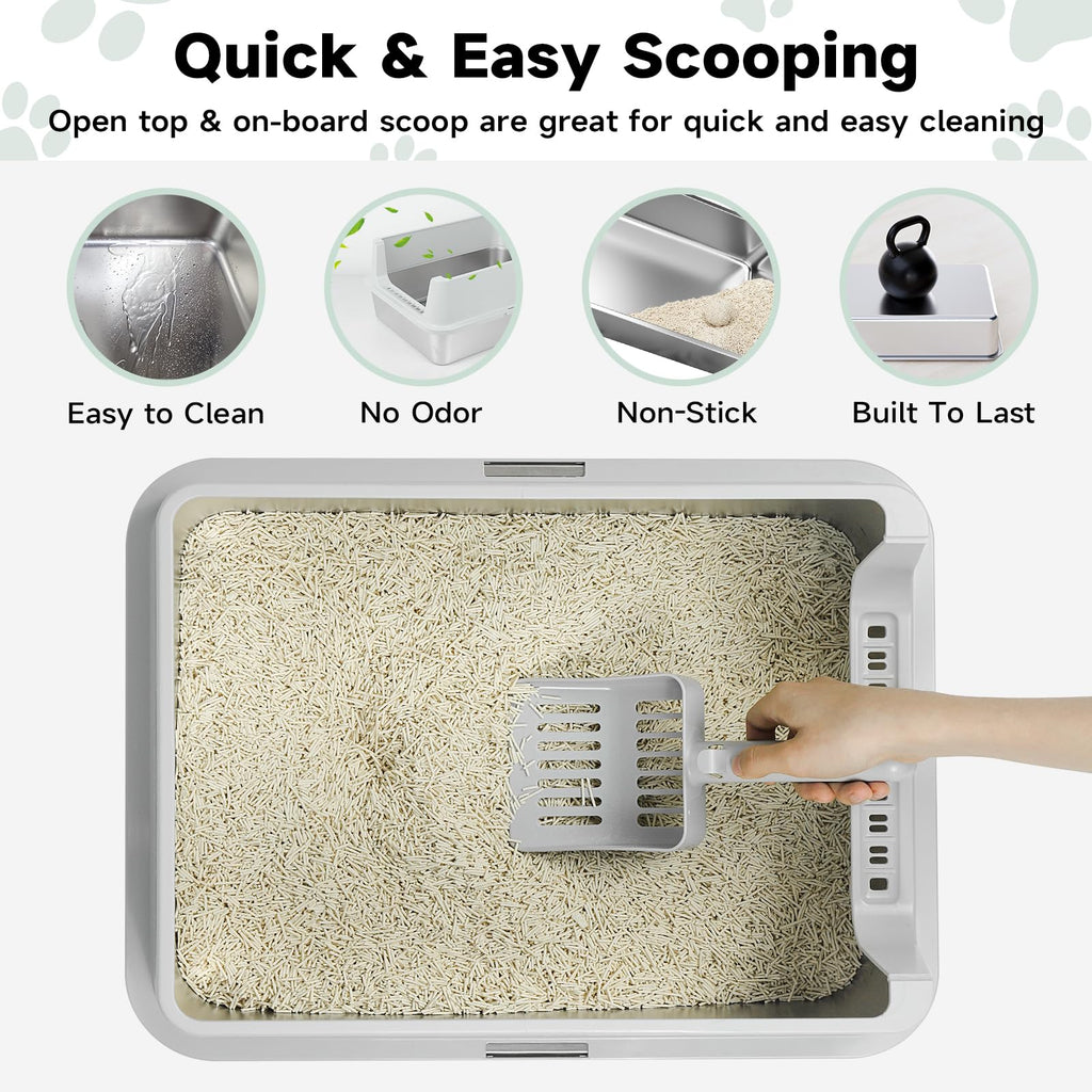 Stainless Steel Cat Litter Box with High Sides, Litter Mat, Scoop Y52208