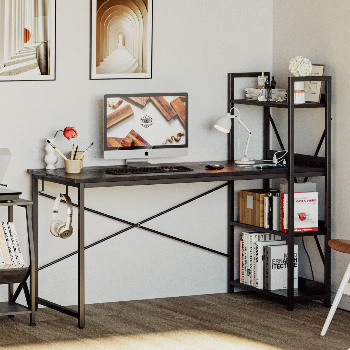 Black Computer Desk with Power Outlet and Storage Shelves Z603