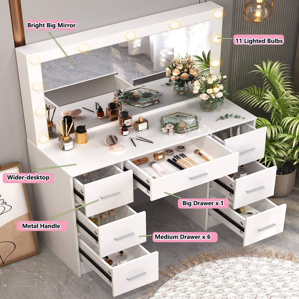 White 7 Drawer Vanity with Lights and Mirror A4784