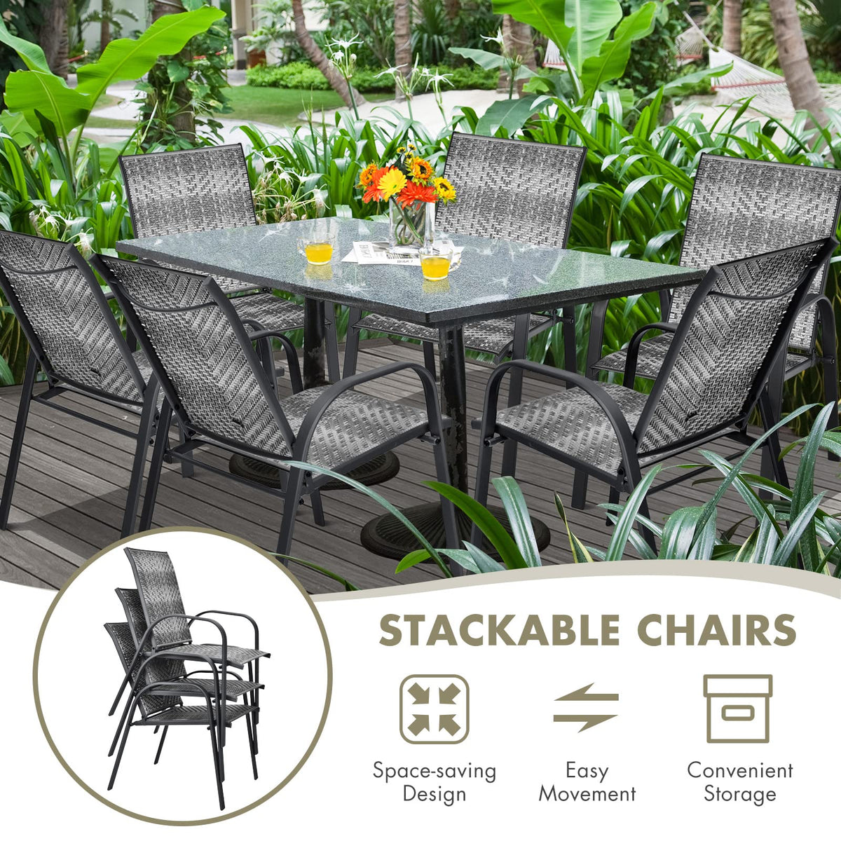 Stackable PE Wicker Patio Arm Chairs Set of 6 J229729