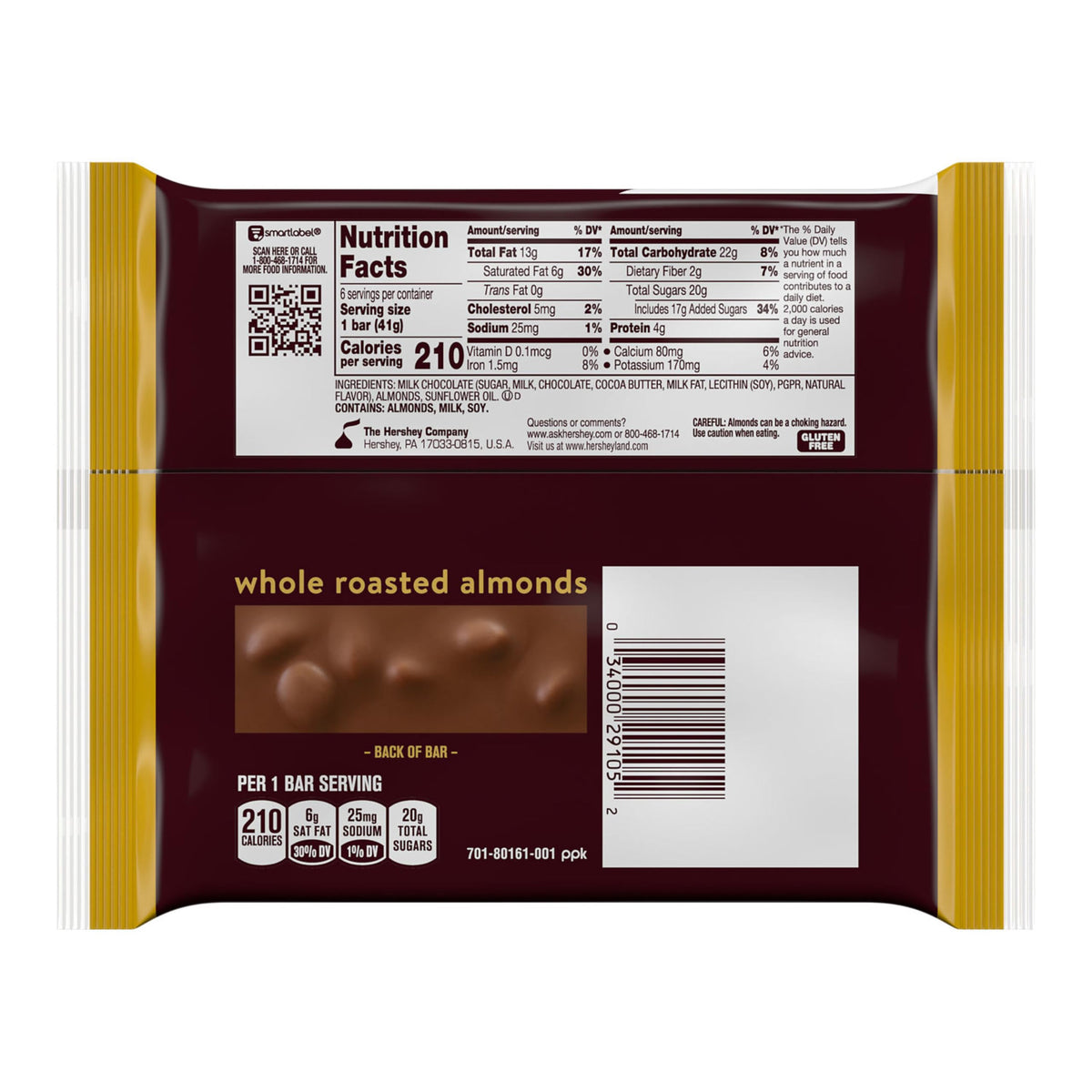 Milk Chocolate with Whole Almonds Candy Bars 1.45 oz 6 Count P349
