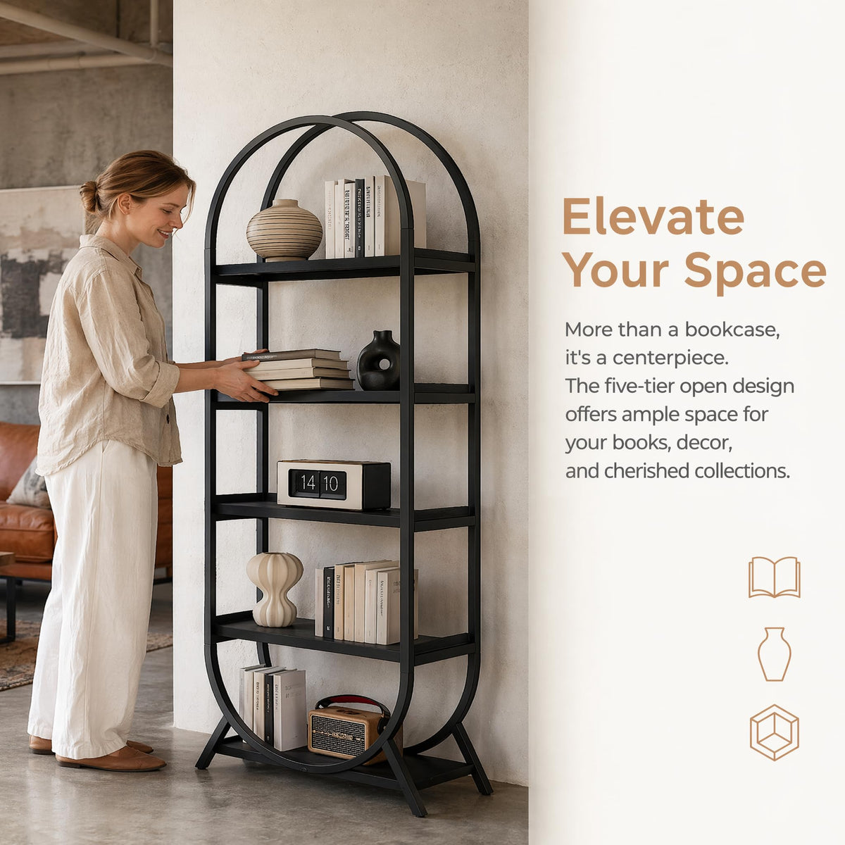 Black 5 Tier Arched Bookshelf Z14598