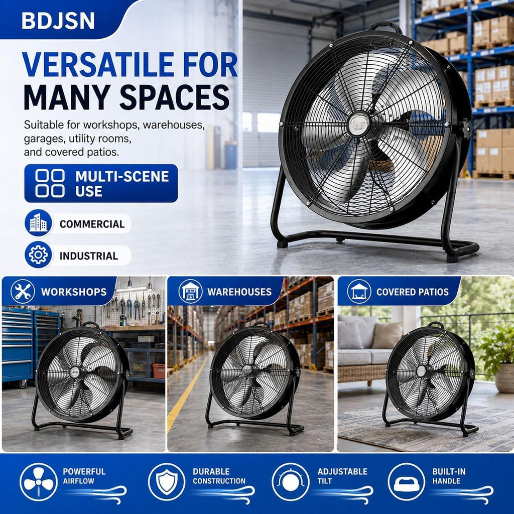 Industrial Drum Fan, High Velocity Air Circulator with 5 Aluminium Blades, 3-Speed Adjustable Tilt Metal Floor Fan A4778