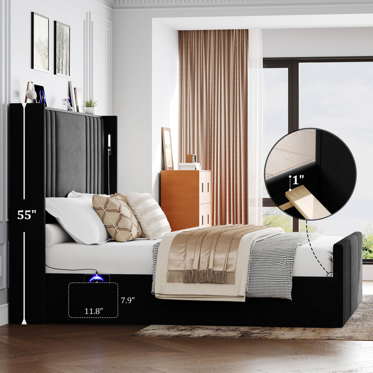 Queen Size Platform Bed Frame with Reading Lights Y387867