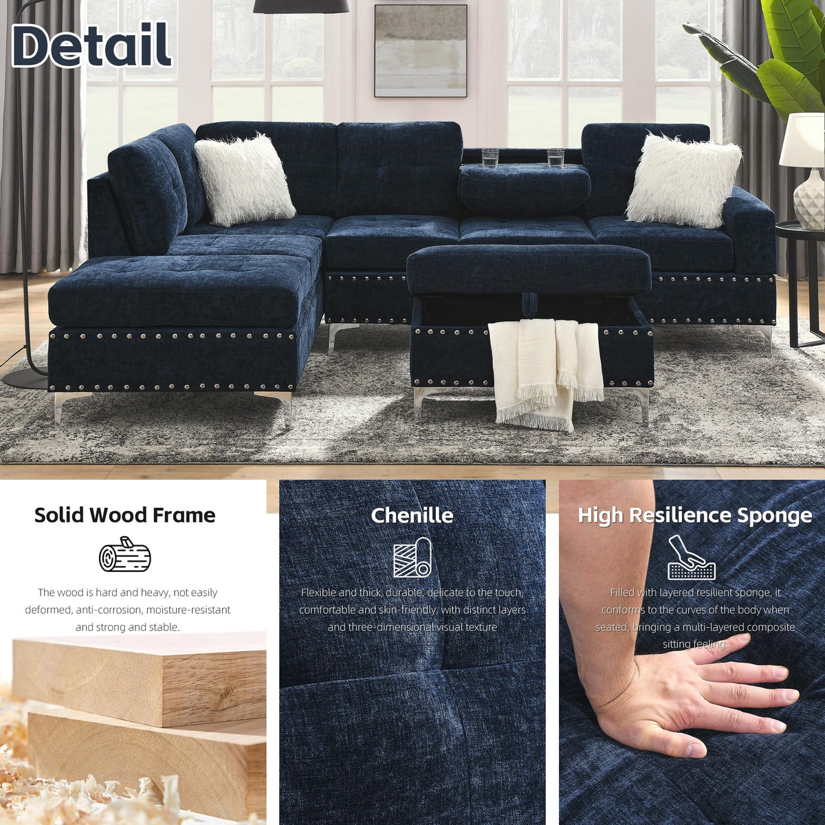 108'' Chenille Navy Blue L-Shaped Sectional Sofa with Storage Ottoman M831