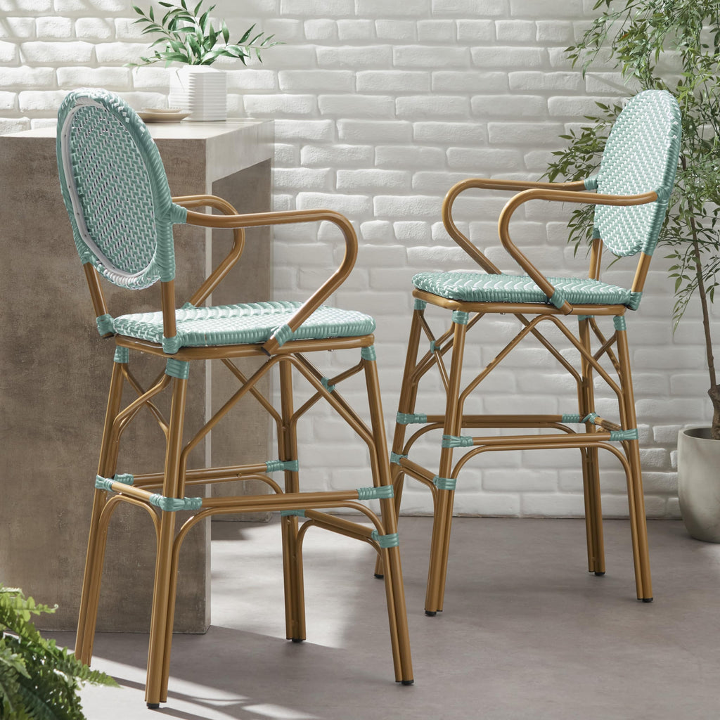 Teal Bamboo Print Wicker Aluminum Bar Stools Set of 2 E66333