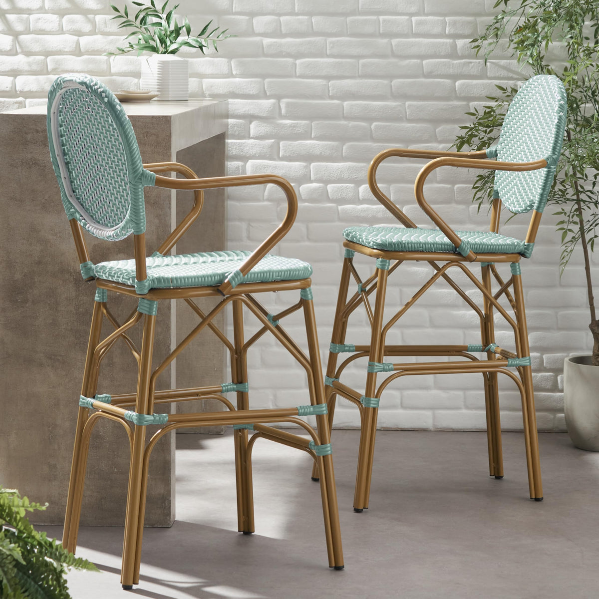 Teal Bamboo Print Wicker Aluminum Bar Stools Set of 2 E66333