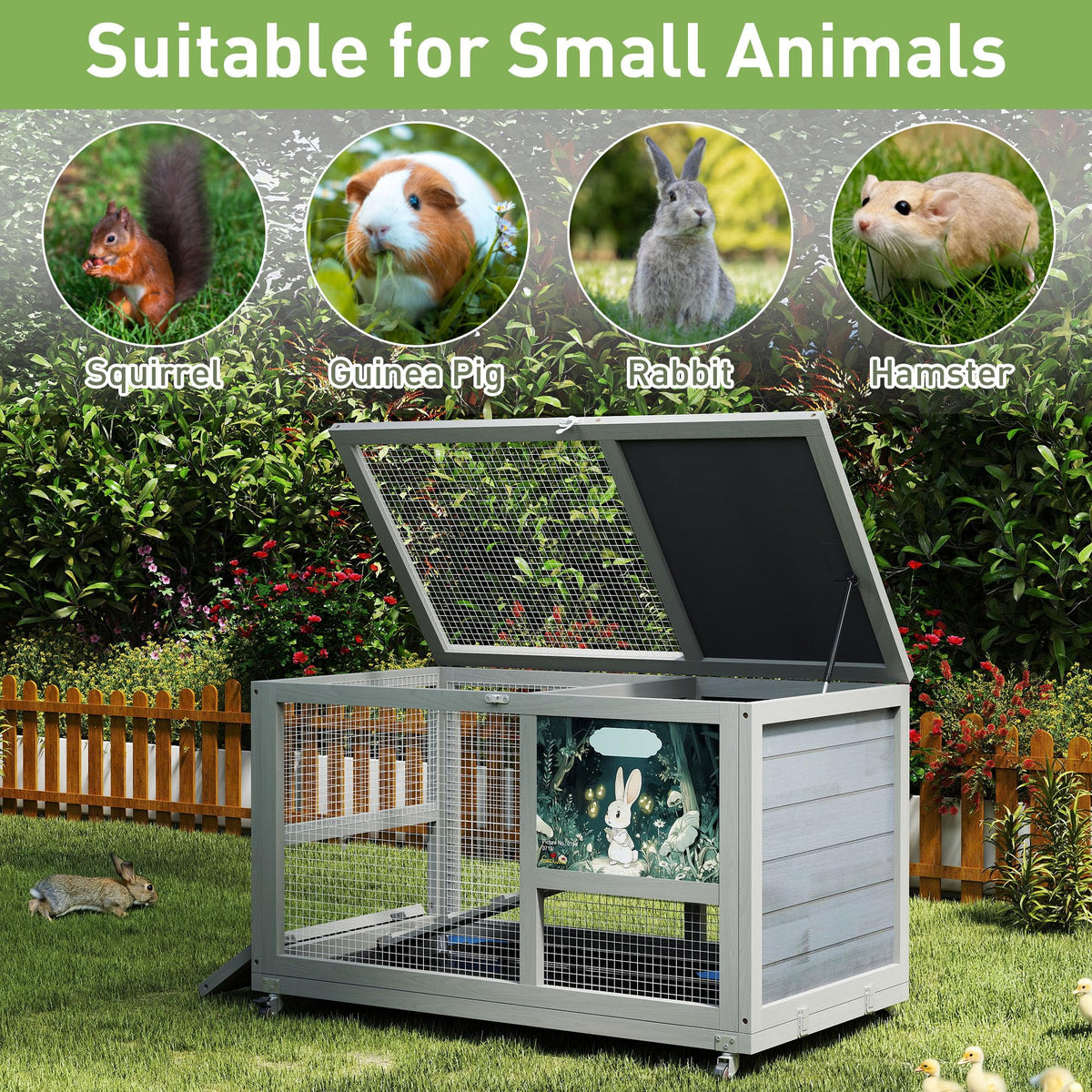 36.5" Two-Level Wooden Rabbit Hutch with Casters & Ramp S238