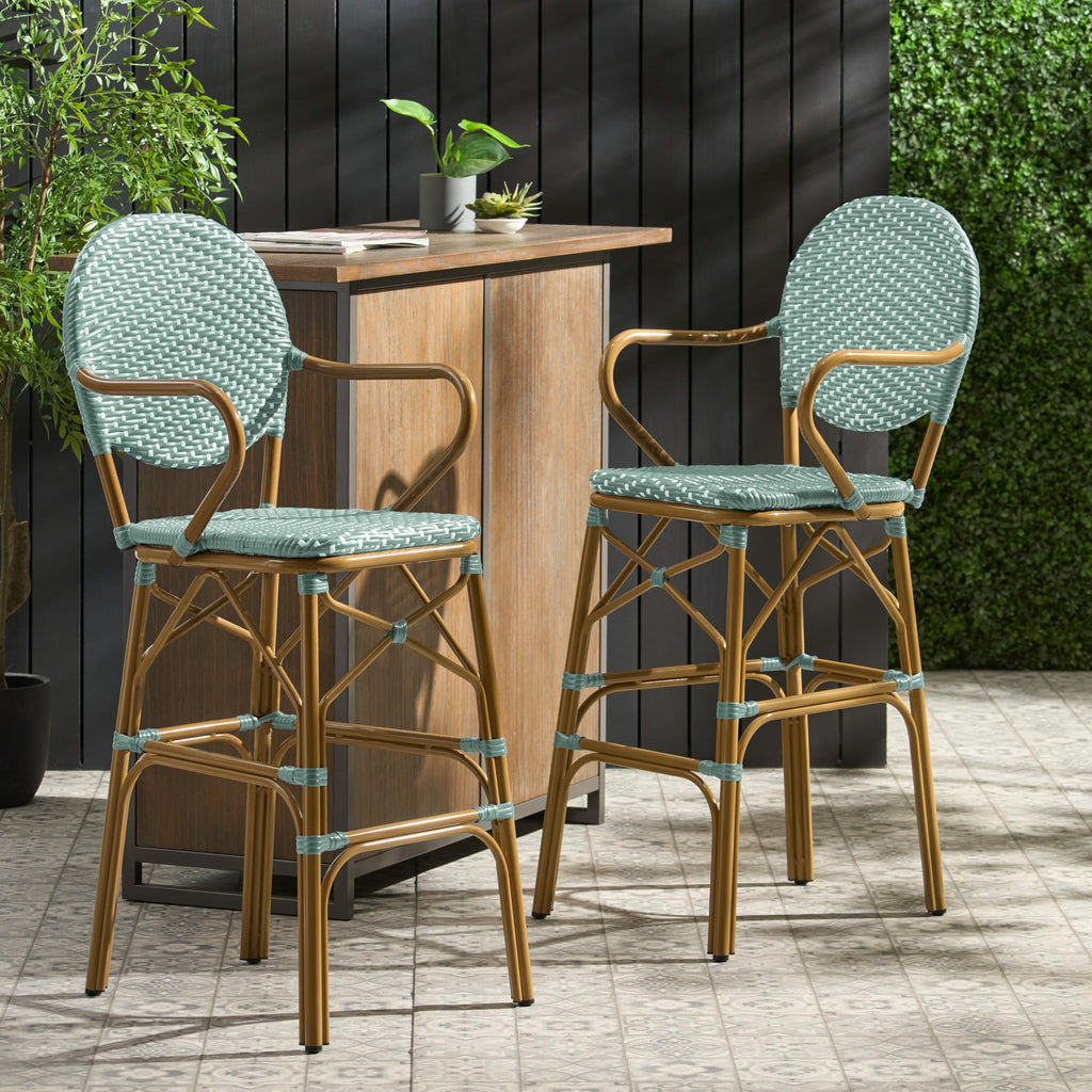Teal Bamboo Print Wicker Aluminum Bar Stools Set of 2 E66333