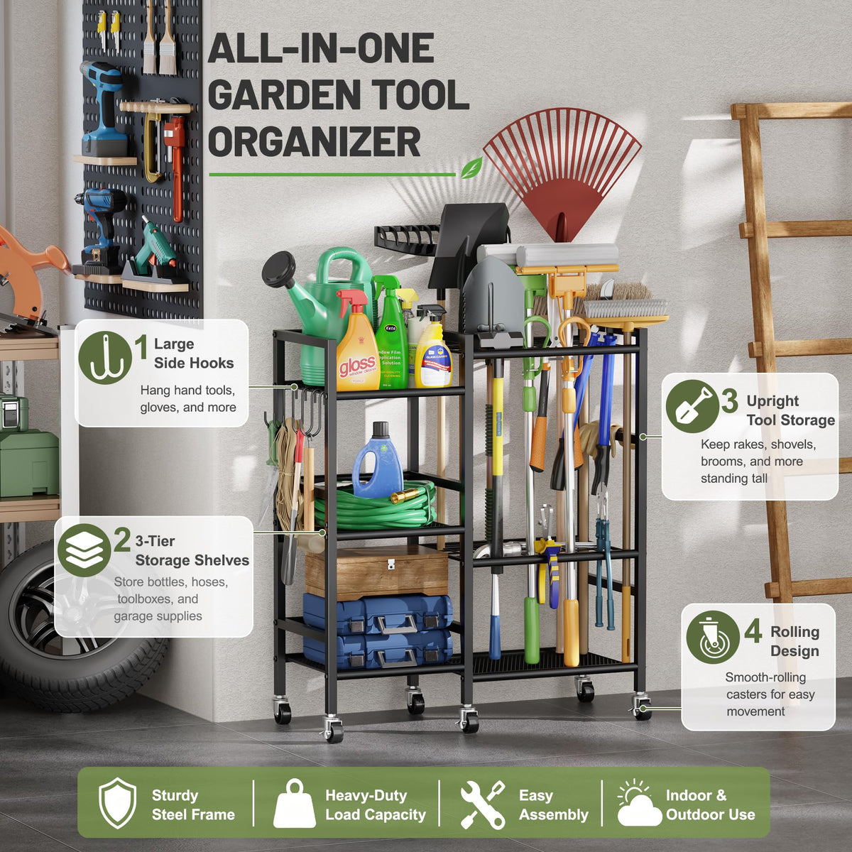 Garden Tool Organizer with 6 Wheels & Hooks B195383
