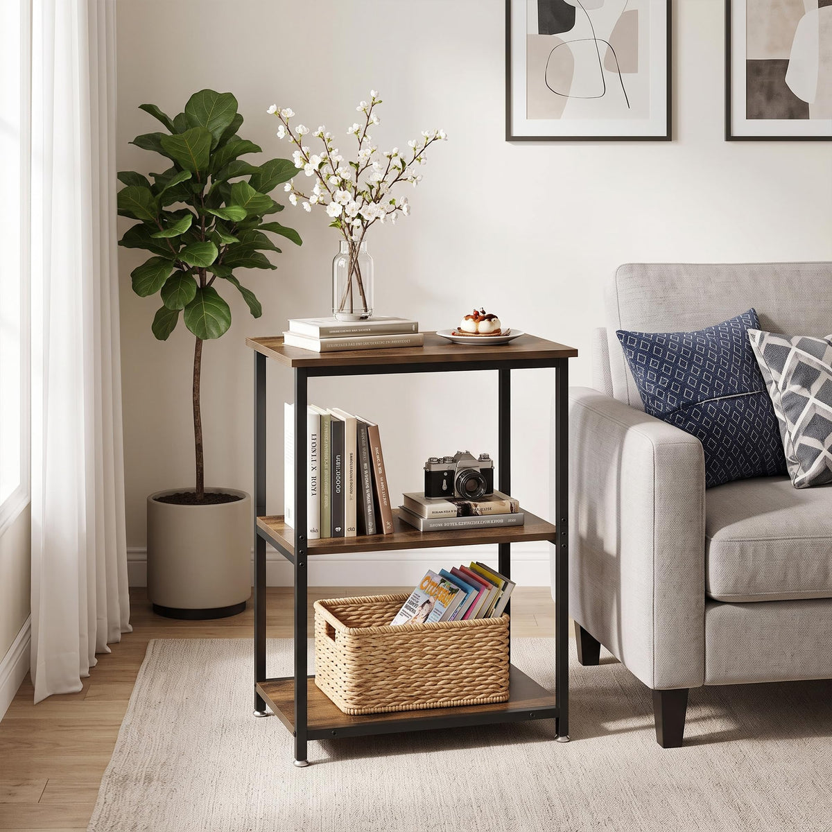 Tall End Side Table with 3-Tier Storage Shelf S792