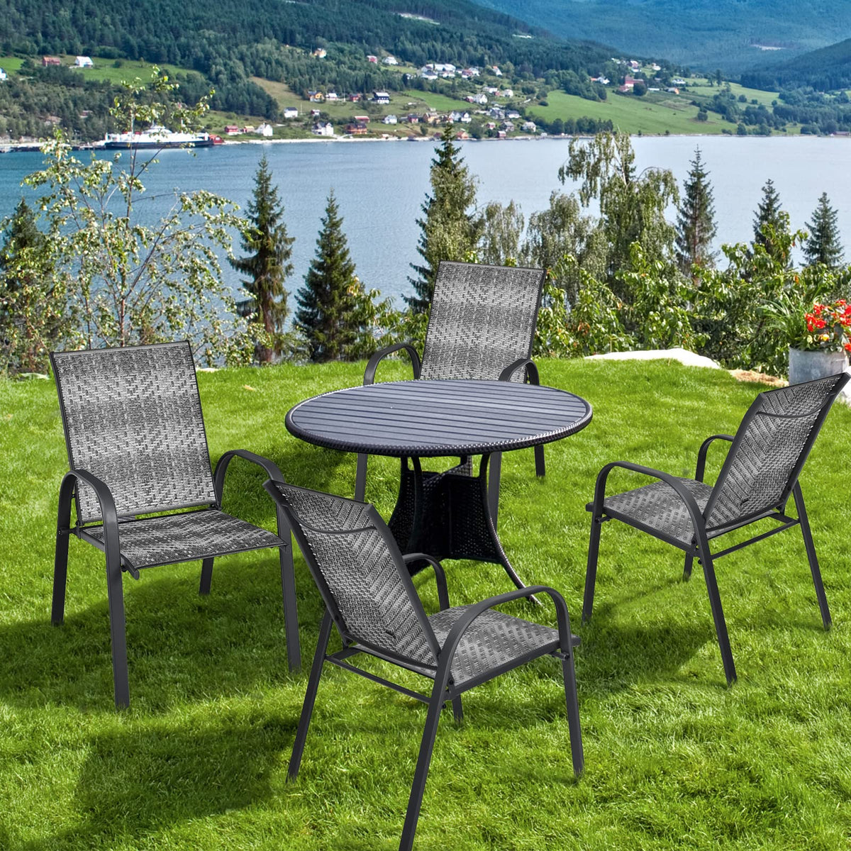 Stackable PE Wicker Patio Arm Chairs Set of 6 J229729