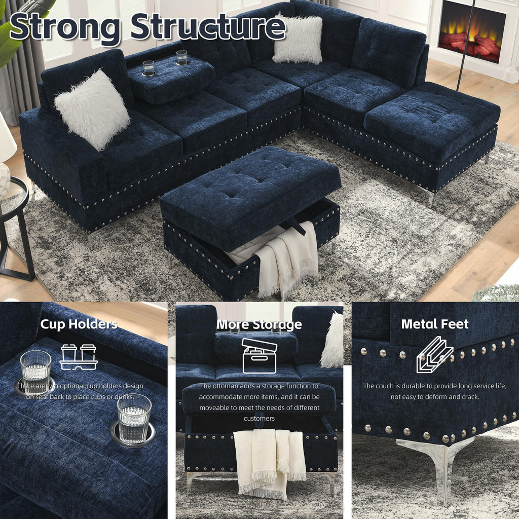 108'' Chenille Navy Blue L-Shaped Sectional Sofa with Storage Ottoman M831