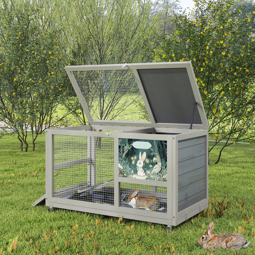 36.5" Two-Level Wooden Rabbit Hutch with Casters & Ramp S238