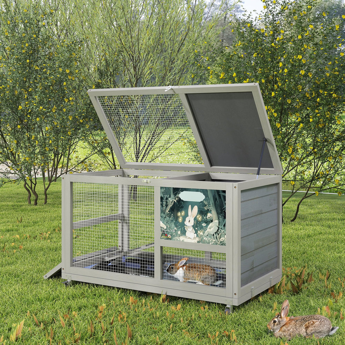 36.5" Two-Level Wooden Rabbit Hutch with Casters & Ramp S238
